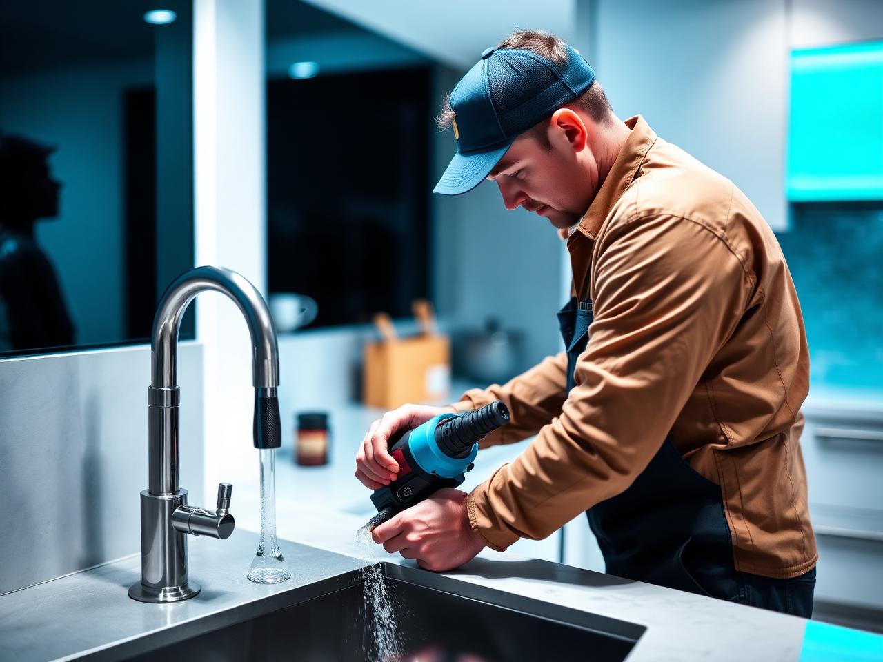 Plumber clearing a kitchen sink drain line with a powered drain machine