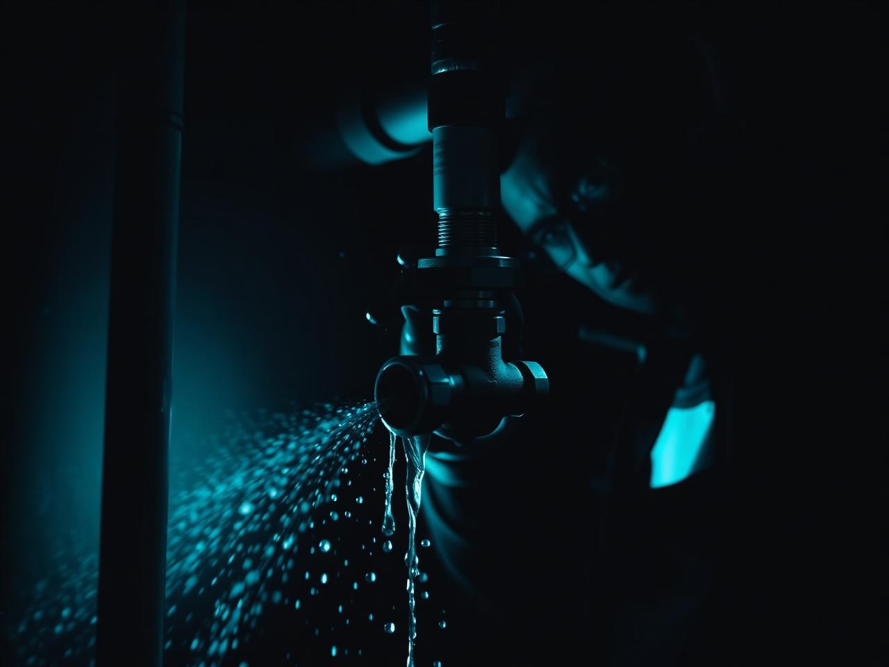 Plumber shutting off a main water valve on a leaking pipe at night