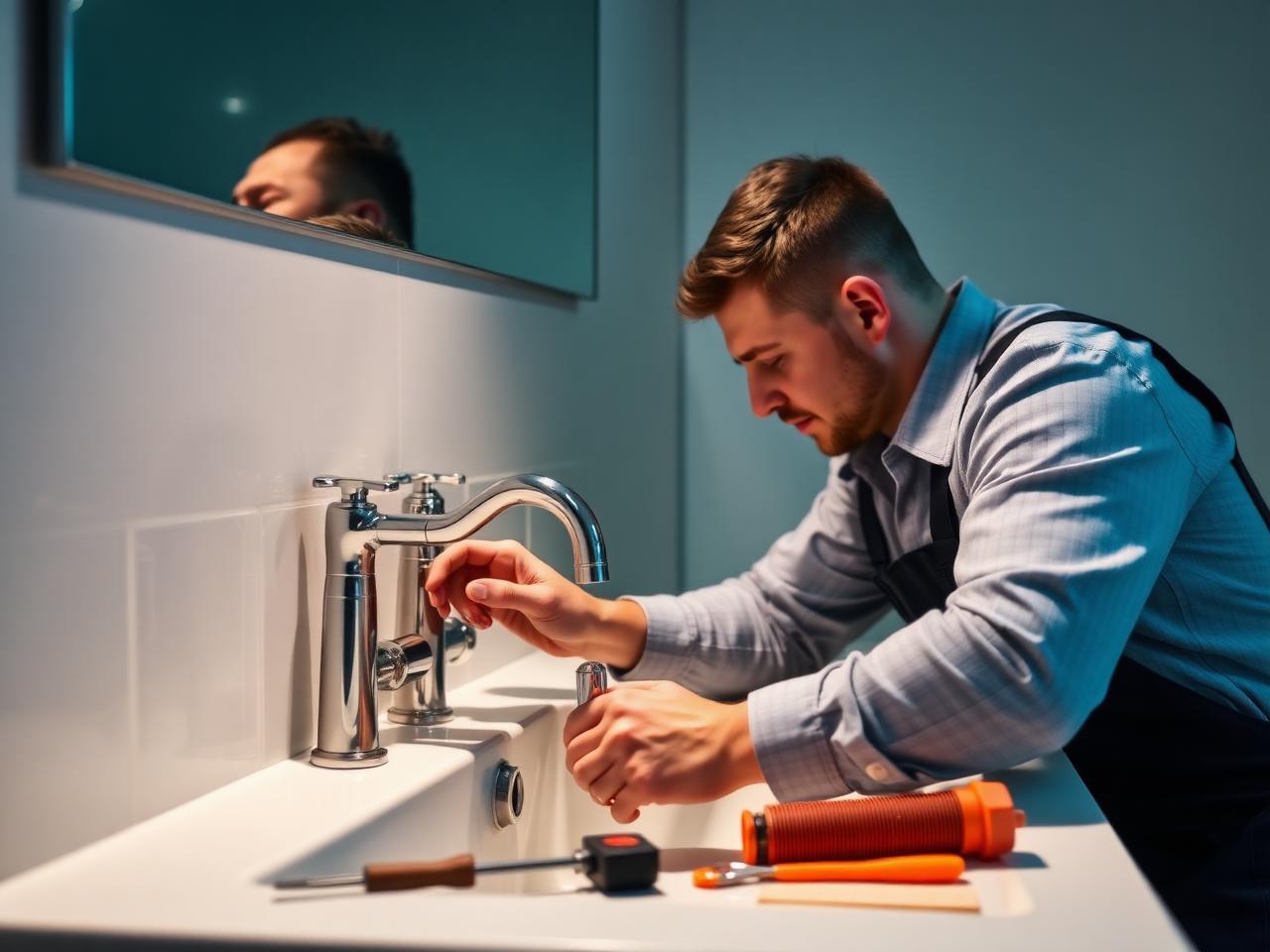 Plumber repairing a chrome faucet with new supply lines under a modern sink